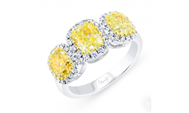 Uneek Cushion Fancy Yellow Diamond Three-Stone Three-Halo Ring - LVRLG4661