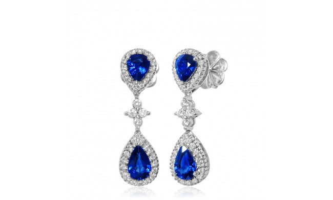 Uneek Royalty-Inspired Blue Sapphire Double Teardrop Dangle Earrings with Pave Diamond Halos and Flower-Shaped Diamond Cluster Accents - LVEMT1895S