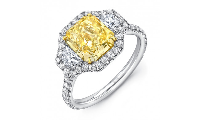 Uneek Radiant-Cut Yellow Diamond Center Three-Stone Engagement Ring with Pave Halo - LVS981RADFY