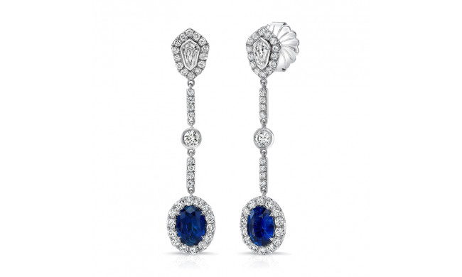 Uneek Oval Blue Sapphire Dangle Earrings with Kite-Shaped and Round Bezel Diamond Accents - LVE894OVBS