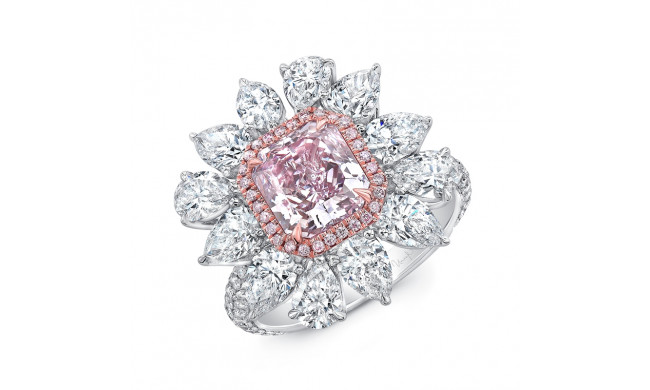 Uneek Radiant Cut Pink Purple Diamond Engagement Ring GIA Certified in a Flower Design with Pear Shaped Diamonds, Pink and White Round Diamonds Side Stones - LVS2244RADDD