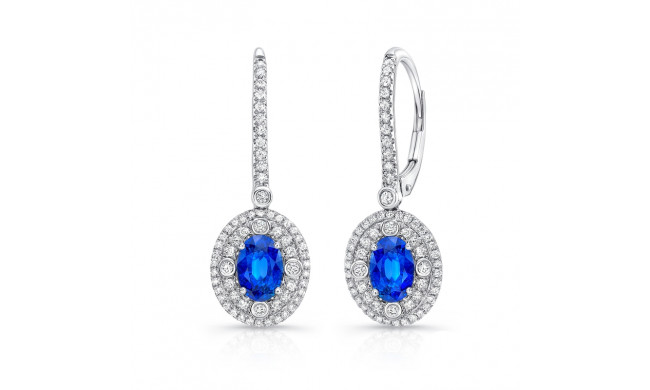 Uneek Oval Blue Sapphire Earrings with Diamond Double Halos and Accent Bezels - LVEDN2017S