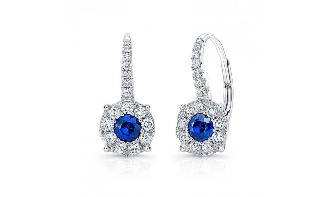 Uneek Round Blue Sapphire Leverback Earrings with Diamond Halos - LVERI587WS