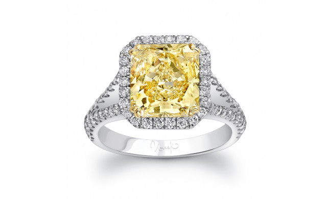 Uneek Radiant-Cut Fancy Yellow Diamond Halo Ring with Peekaboo Split Upper Shank and Filigree Detail - LVS831