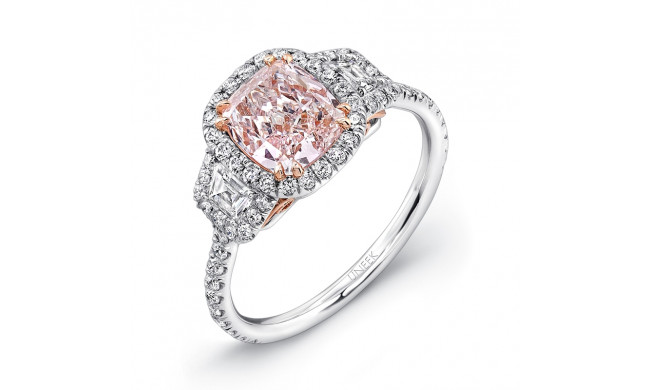 Uneek Cushion-Cut Fancy Light Pink-Center Three-Stone Engagement Ring with Filigree Accents - LVS882
