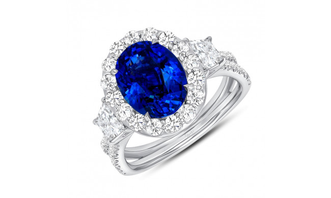 Uneek Oval Blue Sapphire Ring with Round Diamond Halo and Trapezoid Diamond Sidestones - LVS1009OVBS
