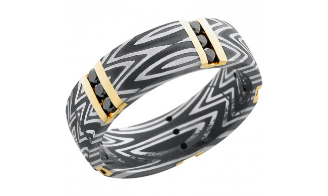 Lashbrook Black White & Yellow Damascus Steel Diamond 7mm Men's Wedding Band - D7D14VERT5XZEBRA_14KYBLKDIA15X.04CH+ACID