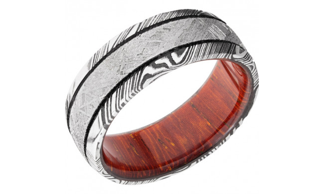 Lashbrook White Damascus Steel Hardwood 8mm Men's Wedding Band - HWSLEEVED8D14WOODGRAIN_METEORITE_MGA_PADAUK+ACID