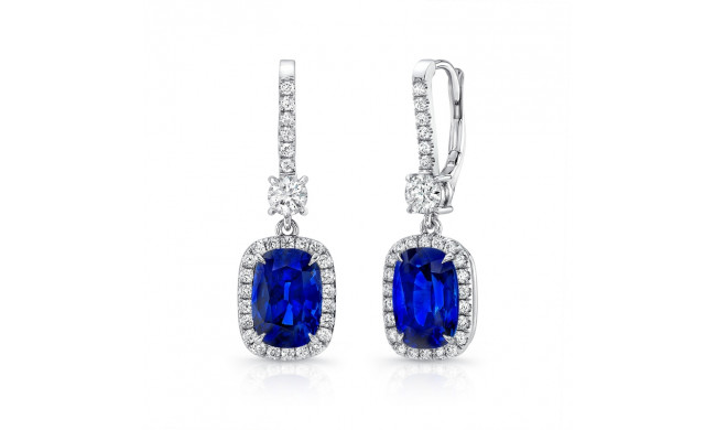 Uneek Cushion-Cut Blue Sapphire Dangle Earrings with Pave Diamond Halos - LVE931CUBS