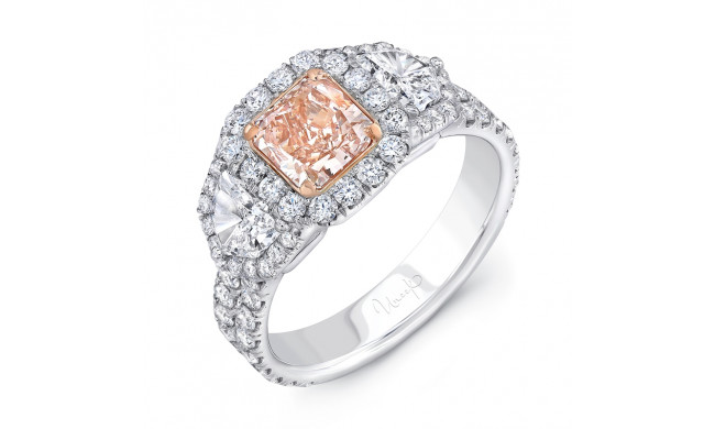 Uneek Three-Stone Engagement Ring with Radiant-Cut Pink Diamond Center and Pave Double Shank - LVS992
