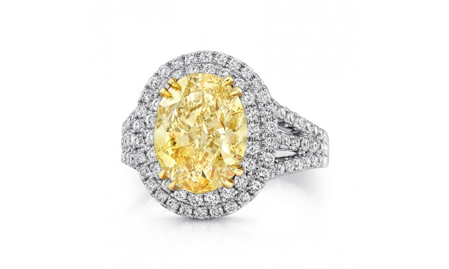 Uneek 4-Carat Oval Fancy Yellow Diamond Ring with Double Halo and Triple Shank - SM816