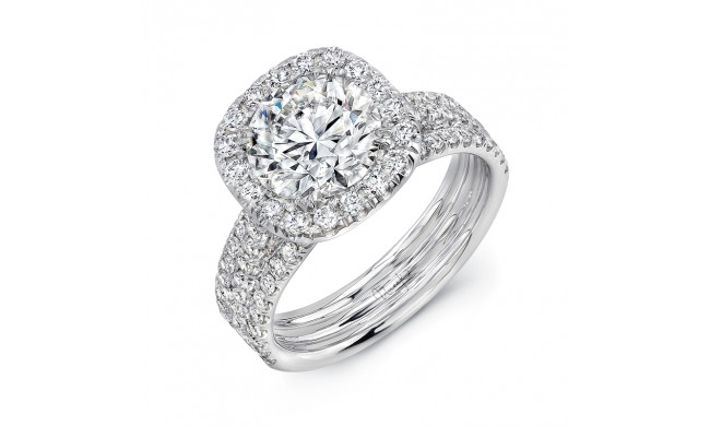 Uneek Round Diamond Engagement Ring with Cushion-Shaped Halo and Pave Triple Shank - LVS871CU-2CTRD