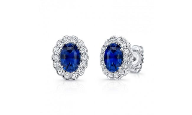 Uneek Oval Blue Sapphire Stud Earrings with Scallop-Style Diamond Halo with Milgrain Edging - E246OVBS