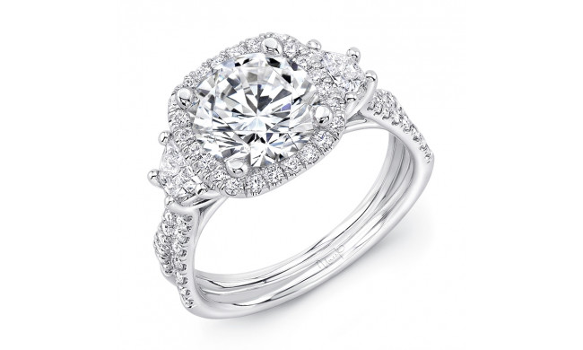 Uneek Three-Stone Engagement Ring with Round Center on Cushion-Shaped Halo and Pave Double Shank - LVS983CU-8.2RD