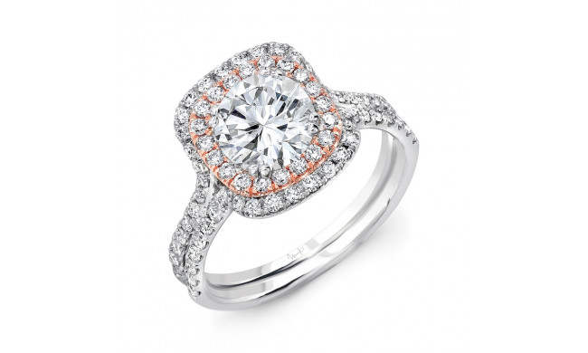 Uneek Round Diamond Engagement Ring with Two-Tone Double Cushion Halo and Pave Gold Double Shank - LVS995CUWR-6.5RD