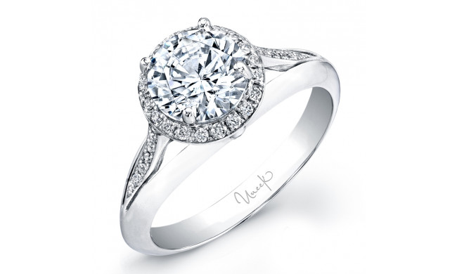Uneek Round Diamond Halo Engagement Ring with Split Upper Shank and Cathedral Pave Shoulder Detail - LVS767