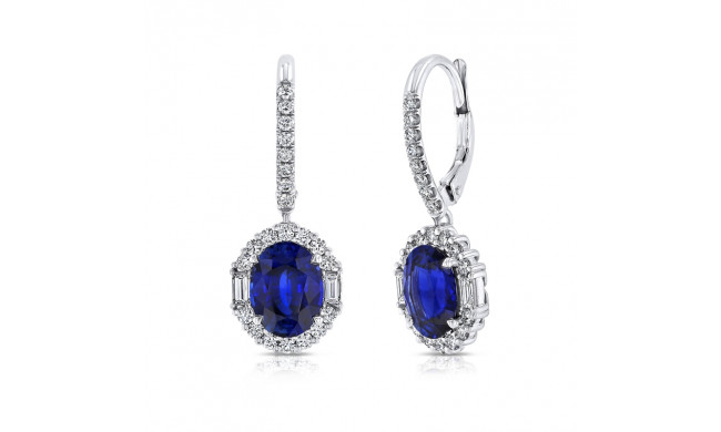 Uneek Oval Blue Sapphire Dangle Earrings with Round and Baguette Diamond Halos - LVE695OVBS