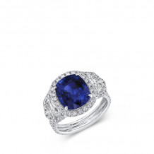 Uneek Cushion-Cut Blue Sapphire Ring with Epaulet Diamond Sidestones and Double-Row Pave Shank - LVS1027CUBS