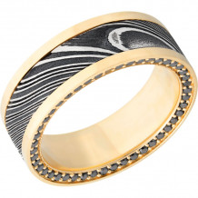 Lashbrook Black White & Yellow 18k Gold 8mm Men's Wedding Band - 18KY8F15_WOODGRAINSIDEETERNITYBLKDIA.01BEAD+ACID_POLISH