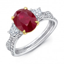 Uneek Ruby-and-Diamond Three-Stone Ring with Oval Ruby Center and Pave Silhouette Double Shank - LVS1016OVRU
