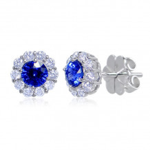 Uneek Round Blue Sapphire Stud Earrings with Scalloped Diamond Halos - LVEMT2077S