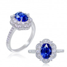 Uneek Oval Blue Sapphire Ring with Scalloped Diamond Double Halo and U-Pave Shoulders - LVRMT2920S