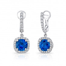 Uneek Round Blue Sapphire Drop Earrings with Cushion-Shaped Diamond Halos - LVE318CU-RDBS
