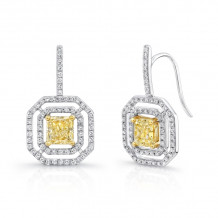 Uneek Radiant Cut Yellow Diamond Drop Earrings with Geometric Floating Halos - LVE256