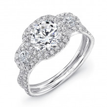 Uneek Three-Stone Round Diamond Engagement Ring with Cushion-Shaped Halos and Pave Double Shank - LVS921-6.5RD