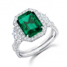Uneek Three-Stone Ring with Emerald-Cut Green Emerald Center and Pave Silhouette Shank - LVS983GEM