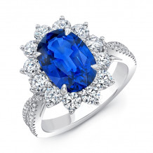 Uneek Oval Blue Sapphire Cocktail Ring with Sunburst Diamond Halo and Tapered Diamond Accents - LVRRI4169WS