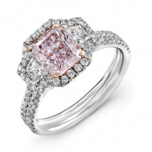 Uneek Three-Stone Engagement Ring with Radiant-Cut Light Pink Diamond Center and Double Pave Shank - LVS933