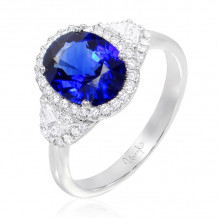 Uneek Three-Stone Oval Blue Sapphire and Trap Cut Diamond Halo Ring - LVRMT1891S