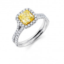 Uneek Fancy Yellow Radiant-Cut Diamond Halo Engagement Ring with Pave Silhouette Shank - LVS913