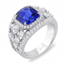 Uneek Cushion-Cut Sapphire Wide-Band Engagement Ring with Pear-Shaped Side Diamond Clusters - LVSLG2432