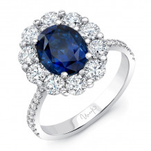 Uneek Oval Blue Sapphire Ring Petals Collection Round Diamond Halo and Tapered Shank - LVS1015OVBS