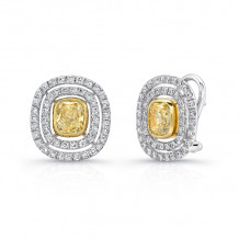 Uneek Cushion Yellow Diamond Double Halo French-Back Earrings - LVE144