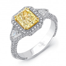 Uneek Estate-Inspired Three-Stone Ring with Radiant-Cut Fancy Yellow Diamond Center and Shield-Cut Diamond Sidestones - LVS555