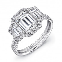 Uneek Emerald-Cut Diamond Three-Stone Engagement Ring with Round Diamond Halo and Pave Double Shank - LVS894