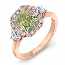 Uneek Contemporary Three-Stone Engagement Ring with Green Diamond Center and Pink Diamond Halo - LVS1007RAD