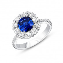 Uneek Cushion-Cut Blue Sapphire Ring with Scallop-Style Shared-Prong Diamond Halo - LVS1015CUBS