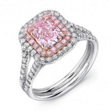 Uneek Radiant Pink Diamond Engagement Ring with Split Upper Shank and Two-Tone Double Halo - LVS1000