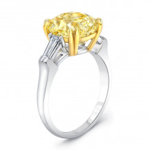 Uneek Three-Stone Ring with 5-Carat Cushion-Cut Fancy Yellow Diamond Center and Tapered Baguette Sidestones - LVS1024CUFY