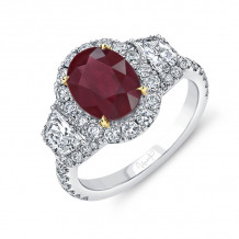 Uneek Oval Ruby Ring with Diamond Halo and Trapezoid Sidestones - LVS989OVRU