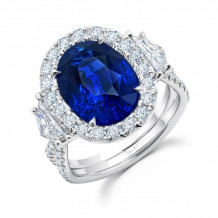 Uneek Oval Royal Blue Sapphire Ring with Epaulettes Diamond Sidestones and Silhouette Pave Shank - LVS1033OVBS