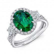 Uneek Three-Stone Ring with Oval Green Emerald Center and Pave Silhouette Shank - LVS983OVGEM