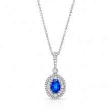 Uneek Oval Blue Sapphire Pendant with Double Halo and Accent Bezels - LVPDN2020S