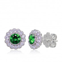 Uneek Bezel-Set Round Emerald Stud Earrings with Scalloped Diamond Halos and Vintage-Style Milgrain - LVEMT1589E