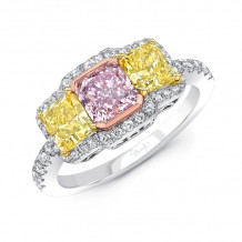 Uneek Three Stone Radiand Cut Pink Diamond Engagement Ring with Radiant Cut Fancy Yellow Diamonds and Round White Diamonds Side Stones - LVS145RADDD