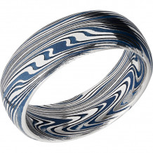 Lashbrook Black & White Damascus Steel 8mm Men's Wedding Band - D8DBMARBLE+POLISH+RIDGEWAYBLUEALL